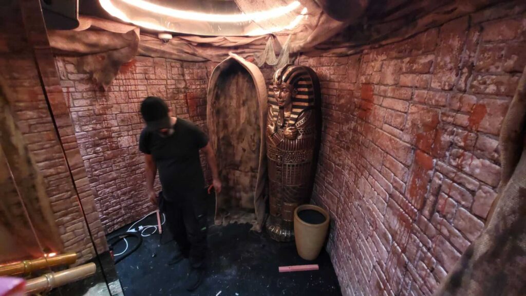Building progress of tomb props and set in London Reign nightclub.