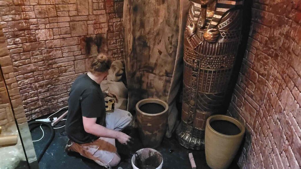 Building tomb props in the London Reign stairway.