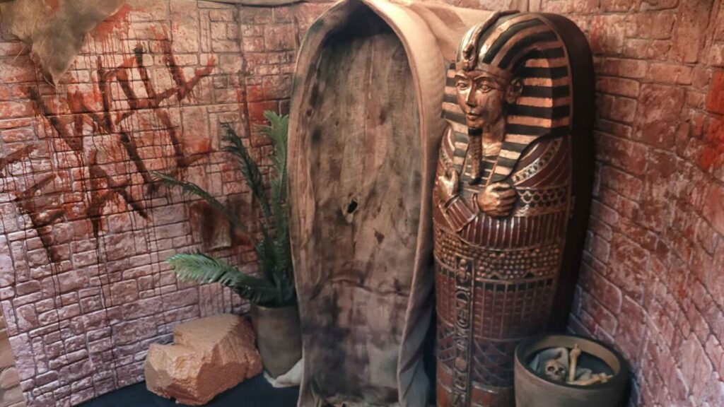 Close-up of tomb props used in London Reign venue transformation.