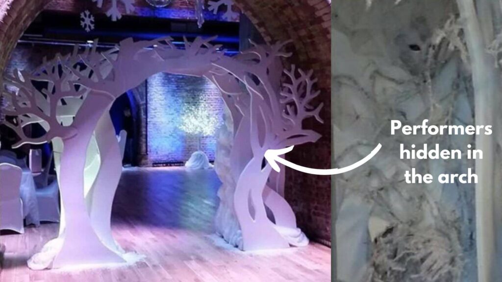Winter wonderland themed arch with performers hidden inside.