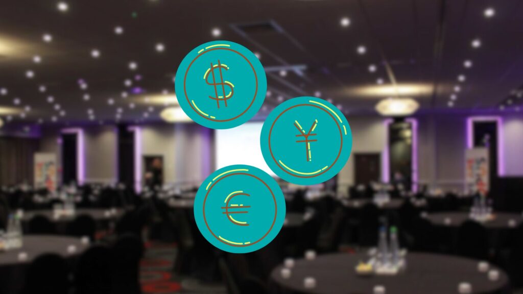 A blurred conference image with currency overlaid
