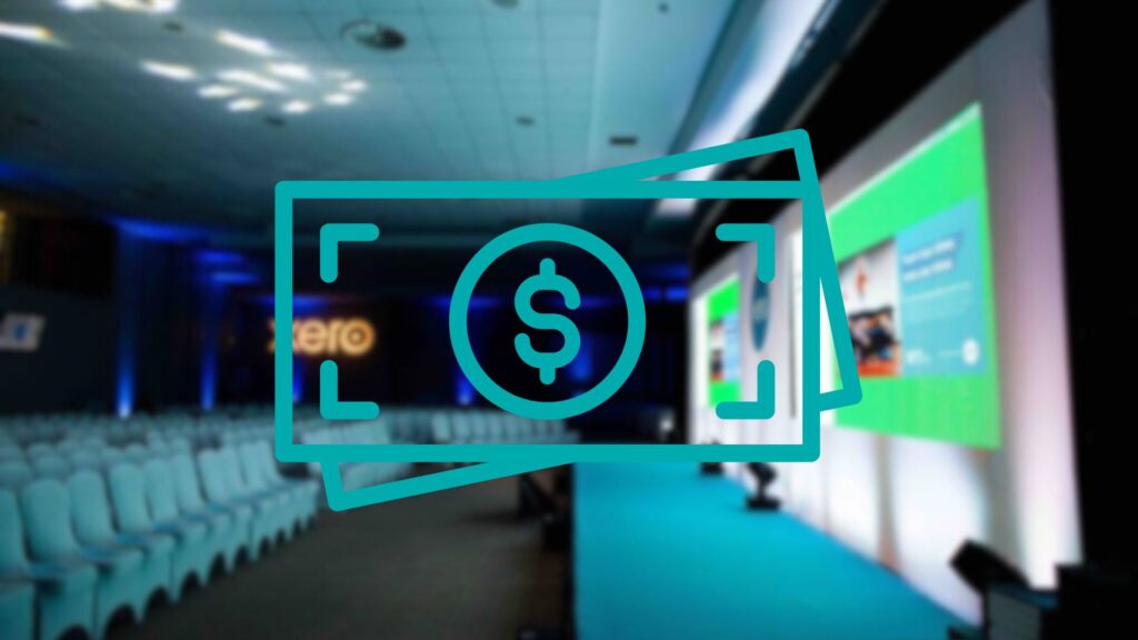 A conference image with a graphic of money overlaid