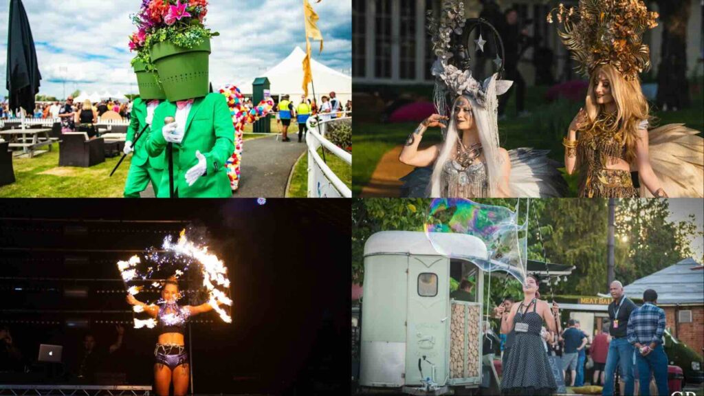 A collage of festival themed entertainment