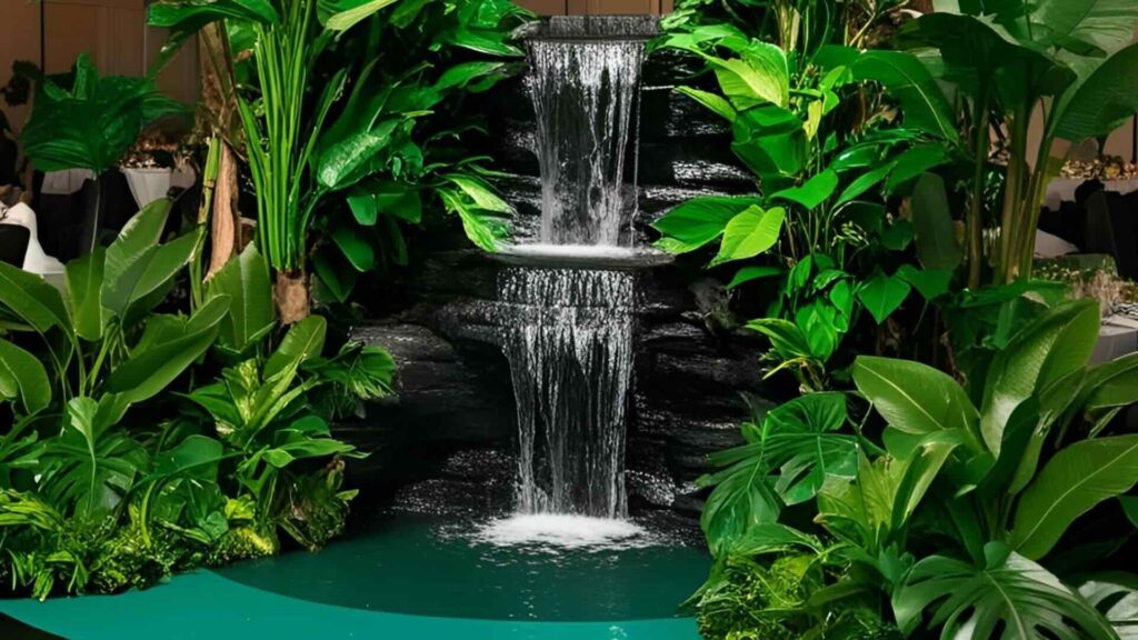 Jungle rainforest themed event AI generated image with foliage and waterfall design.