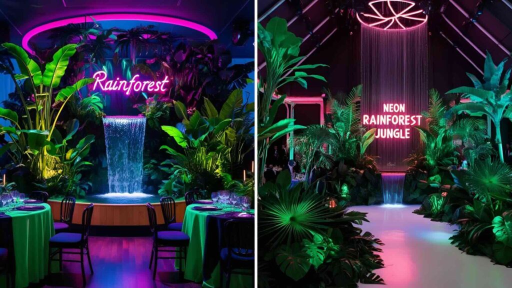 AI generated image of a jungle rainforest themed event space.