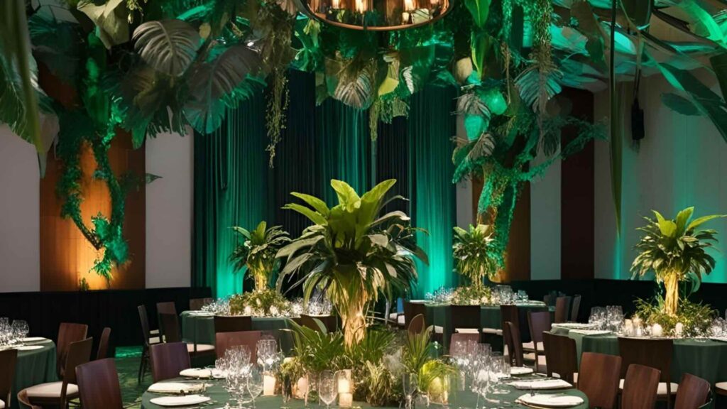 AI generated jungle rainforest themed event space with hanging foliage and table centrepieces.