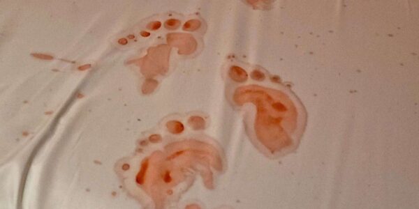 Bloodied footprints stain the fabric, leaving a chilling trail that enhances the haunting atmosphere of the Asylum-themed event.