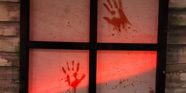 Two bloody handprints smear across a glowing textile window, casting an unsettling glow that adds to the terrifying atmosphere of the Asylum-themed event.