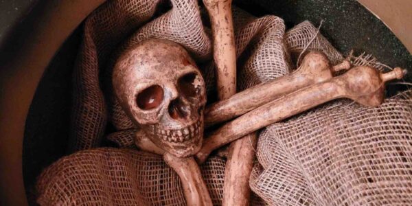 Skull and bones props used for a Halloween event.