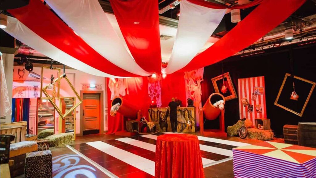 Event room featuring draping and bespoke props.