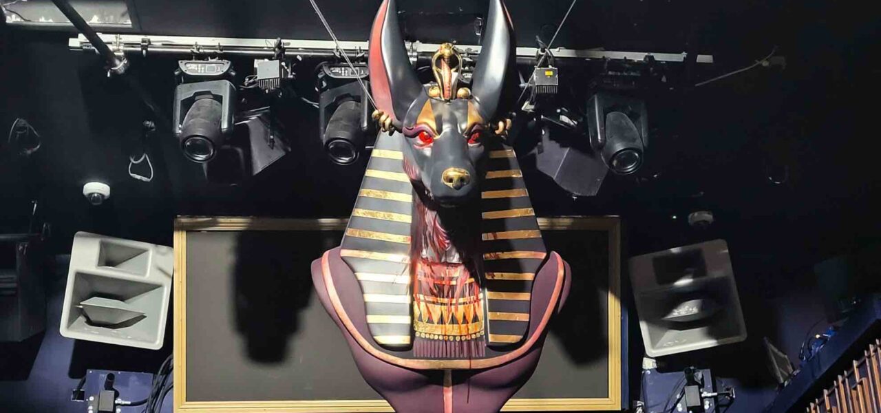 Giant Anubis prop hanging in a nightclub for an Egyptian themed event.
