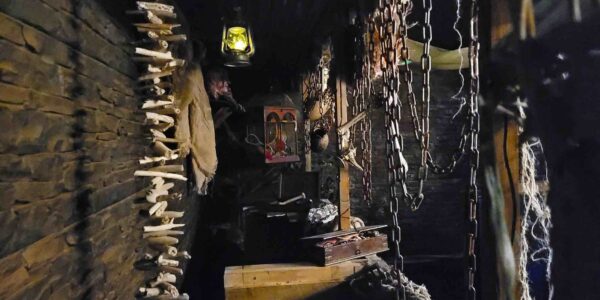 Hanging chains, ropes and relic, part of a bespoke Egyptian themed installation at a venue.