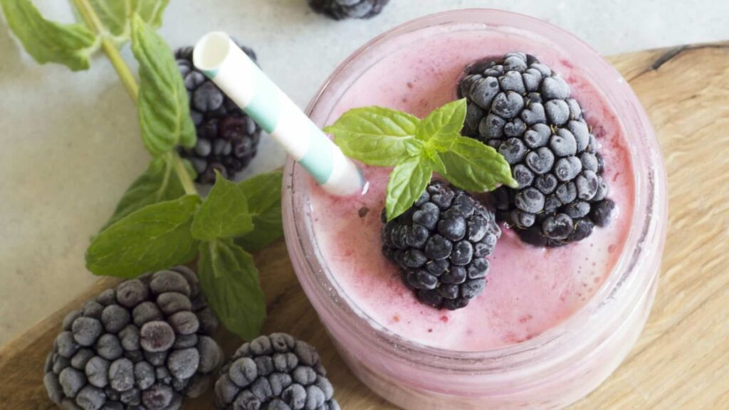 Healthy strawberry, banana and blueberry smoothie.