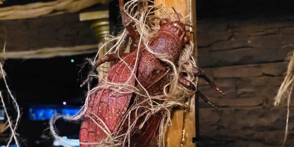 A pink scarab prop, part of an authentic Egyptian theme for a Halloween installation.