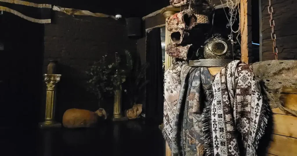 A variation of textiles and fabric inspired by Ancient Egypt used to decorate a custom built Halloween set installation.
