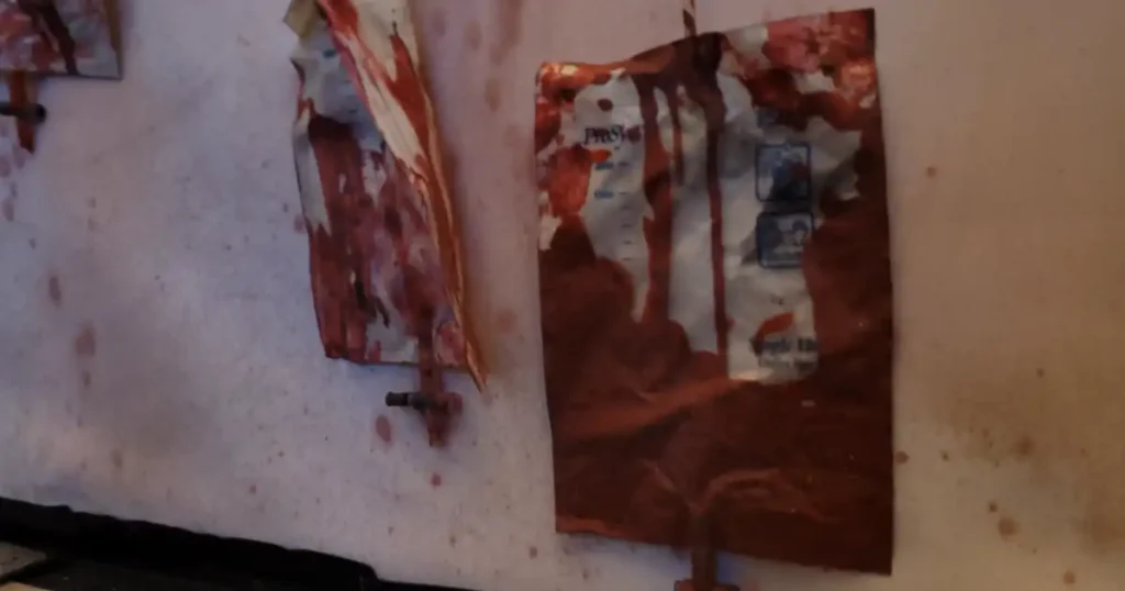 Bloodied drip bags used for a Halloween venue transformation in London.