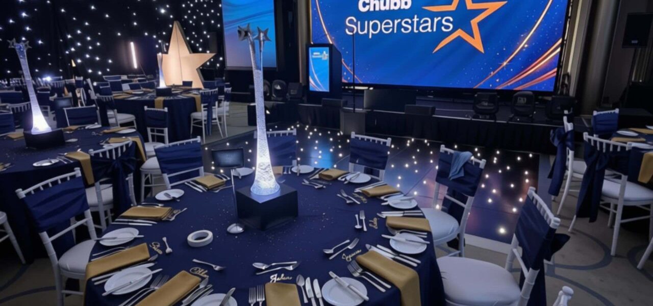Hollywood themed corporate gala dinner event for Chubb in the UK.