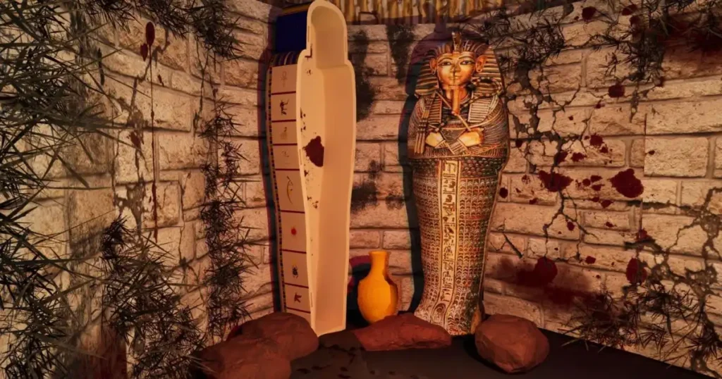 The event design concept for an Egyptian-themed entrance installation, inspired by Tutankhamun’s tomb, created as part of a dramatic venue transformation.