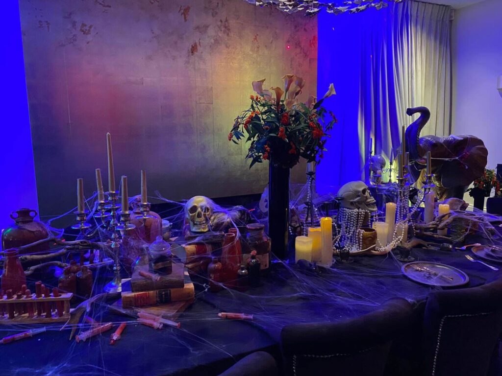 A table set-up for a Halloween event