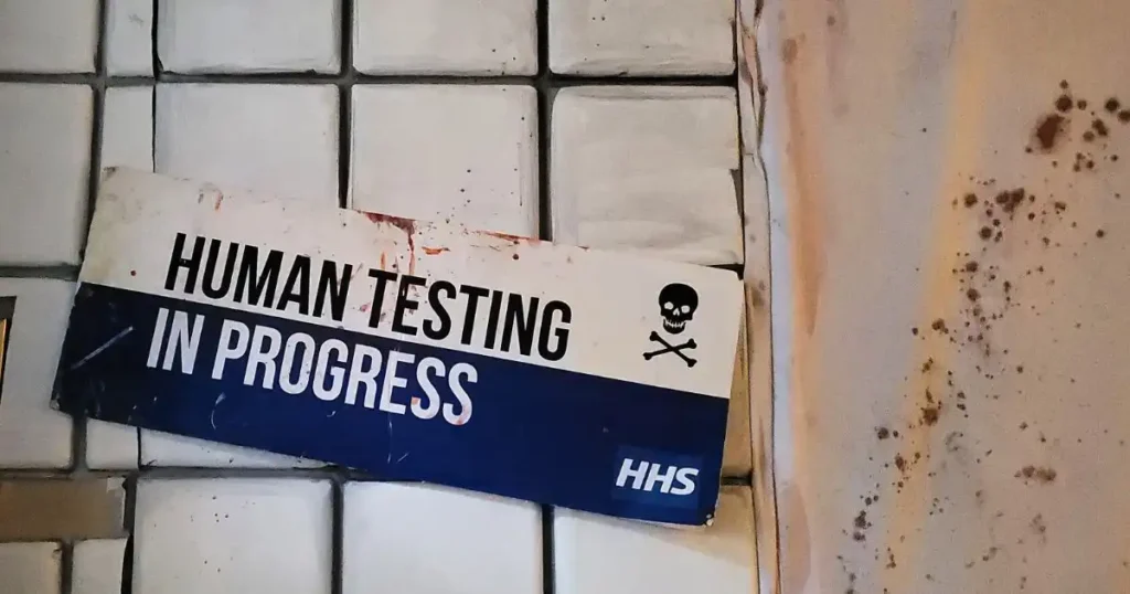Human testing in progress warning sign used as part of bespoke Halloween theming for a nightclub in London. 
