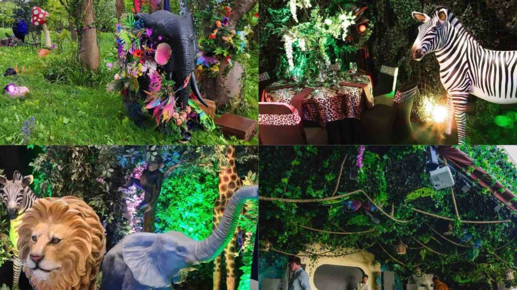 Collage of jungle themed event spaces featuring a range of bespoke props and foliage.