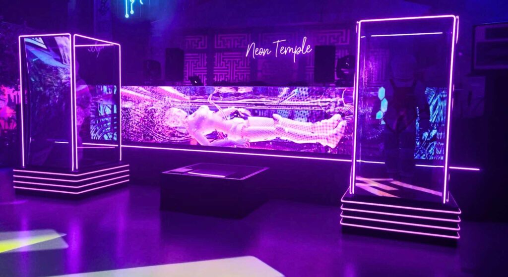 Neon temple stage and set design.