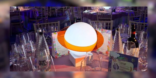 Planet themed LED globe table centrepiece for corporate events.