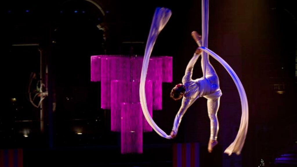 An aerial silk performer hanging from silks at an event.