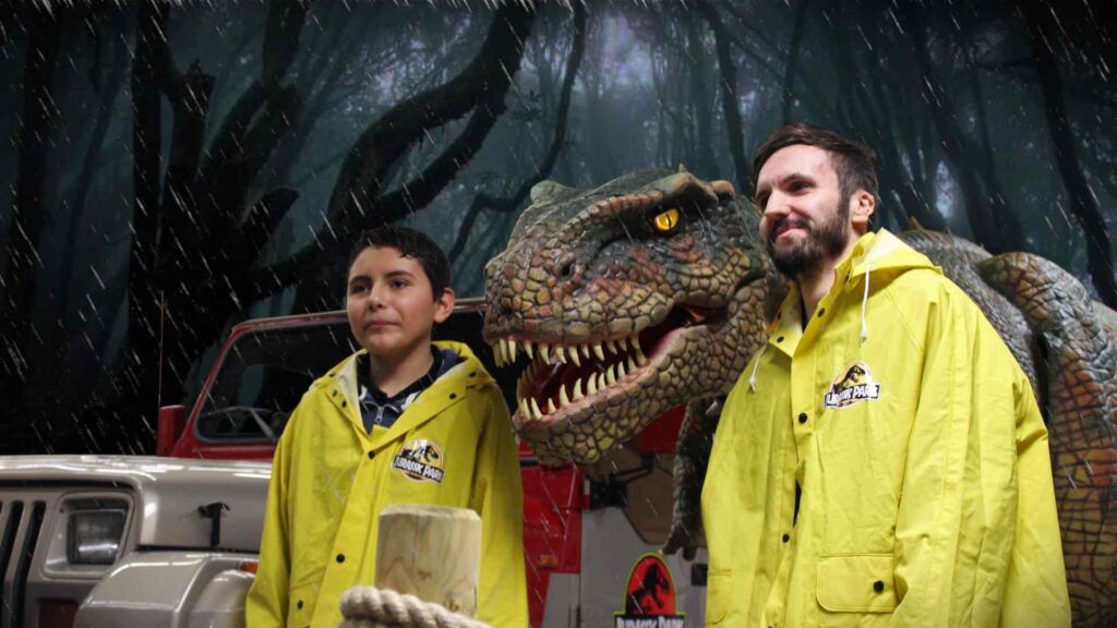 A walkabout dinosaur with guests at an event.