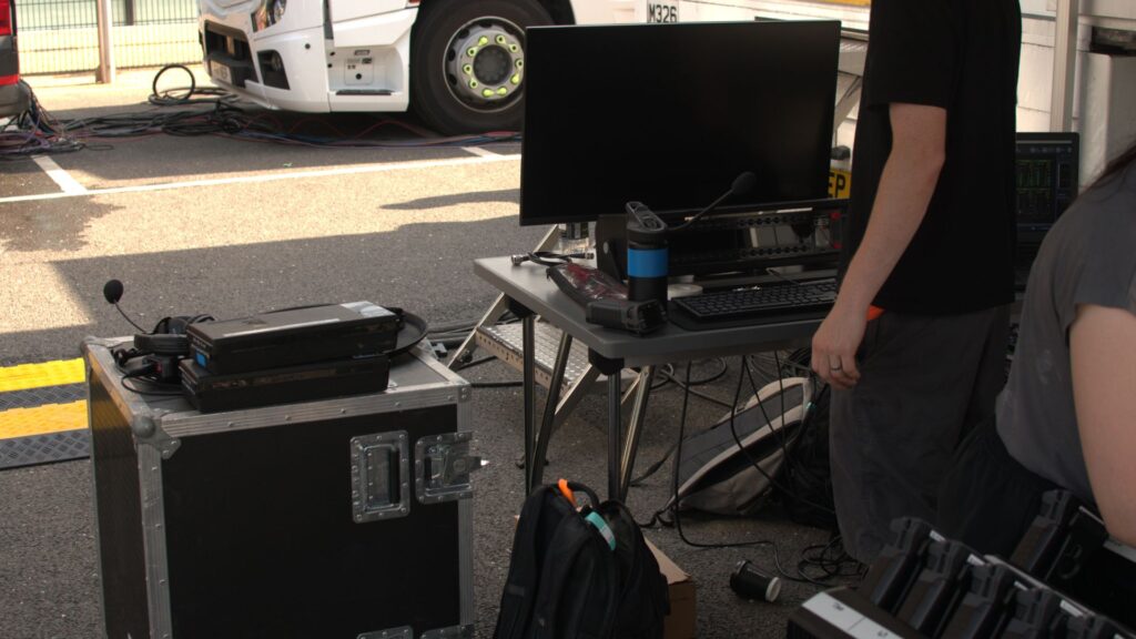 An outdoor sound system for an event.