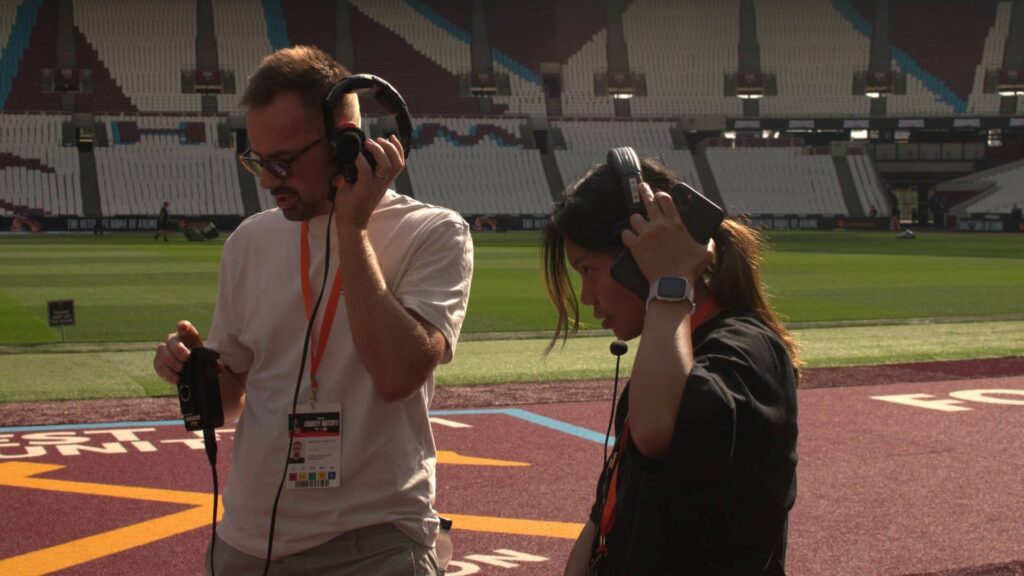 The Julia Charles team on-site at the Sidemen event, testing audio.
