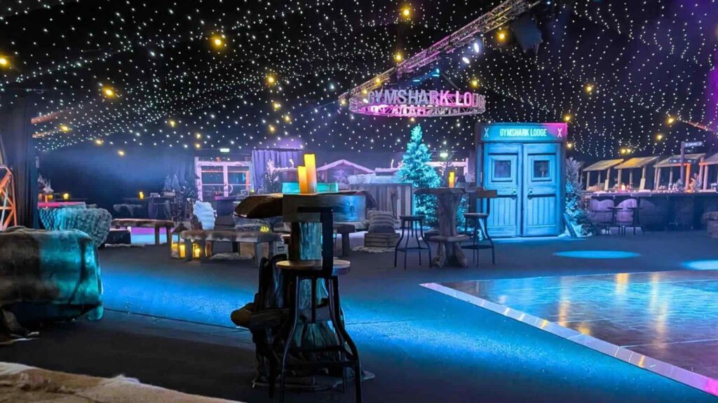 Wide angle view of an Alpine Apres Ski themed event designed for a Christmas party theme.