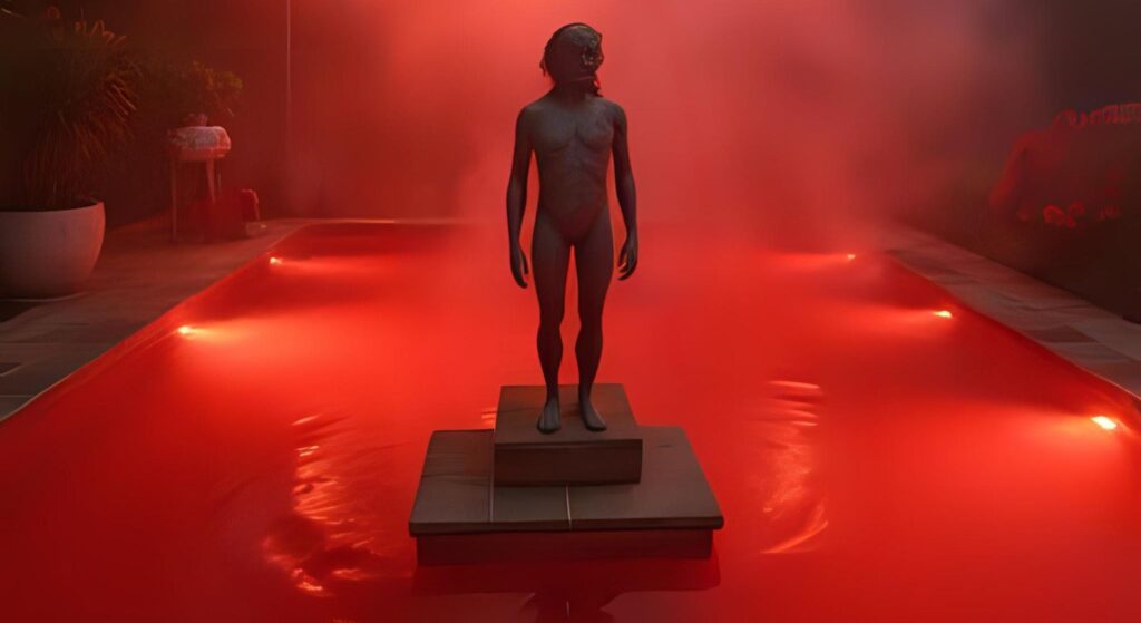 A bloody red pool with a central figure standing on a platform in a creepy pose, surrounded by eerie dog effects at a Halloween mansion party.