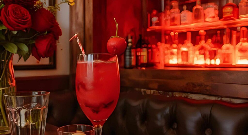 Red cocktail drink with strawberry on top at a Halloween party. Generated by Canva AI.