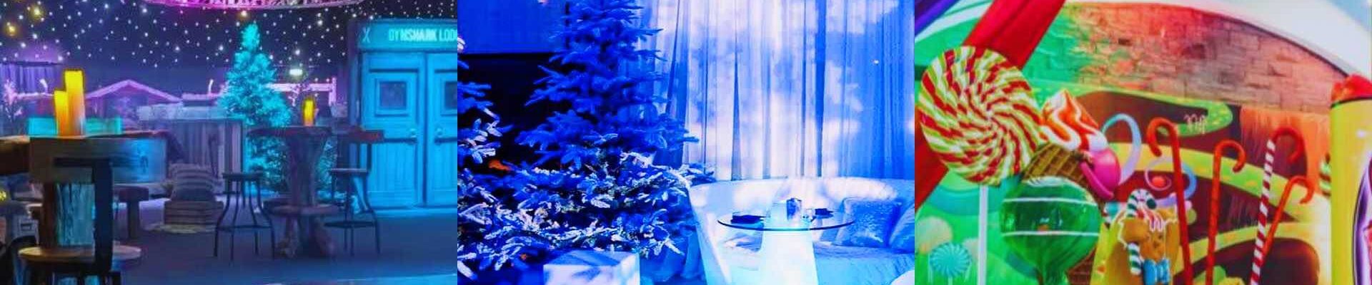 Collage of Christmas party themes for 2026 including alpine lodge, winter wonderland and toyland.
