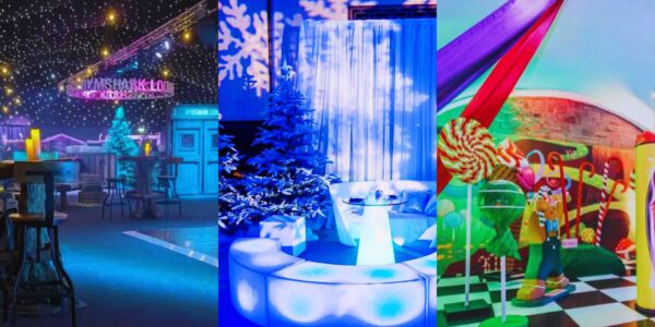 Collage of Christmas party themes for 2026 including alpine lodge, winter wonderland and toyland.