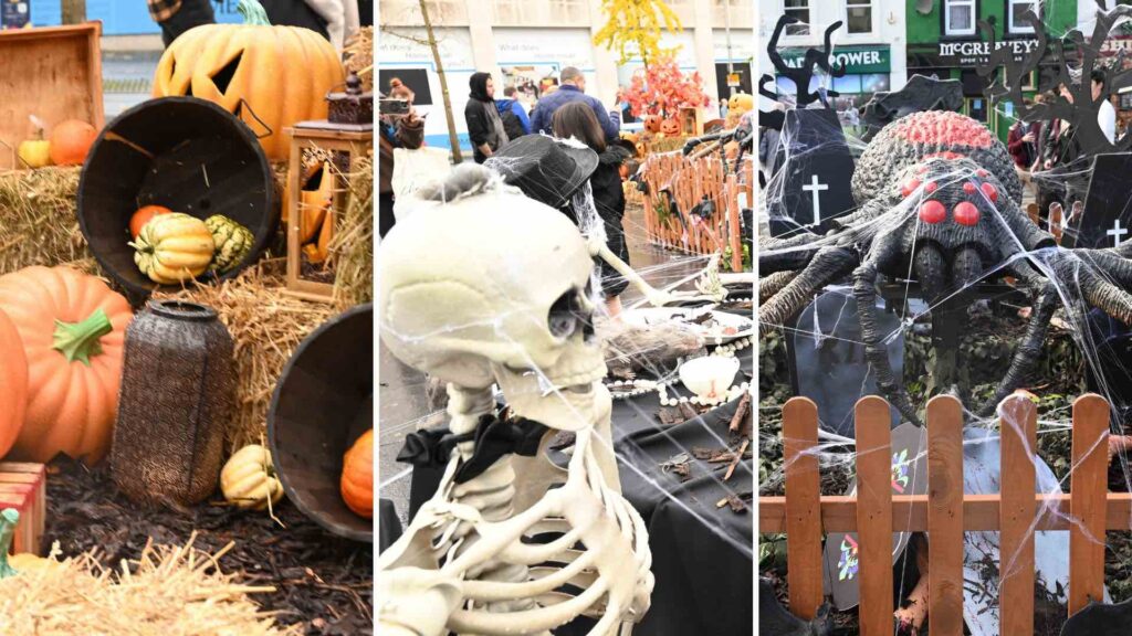 Classic Halloween theme scenic set ups including pumpkins, skeletons and giant spider. 
