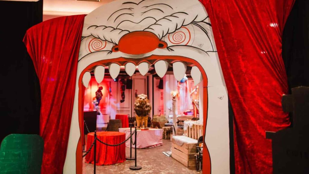 A Twisted Circus themed entryway for a Halloween event.