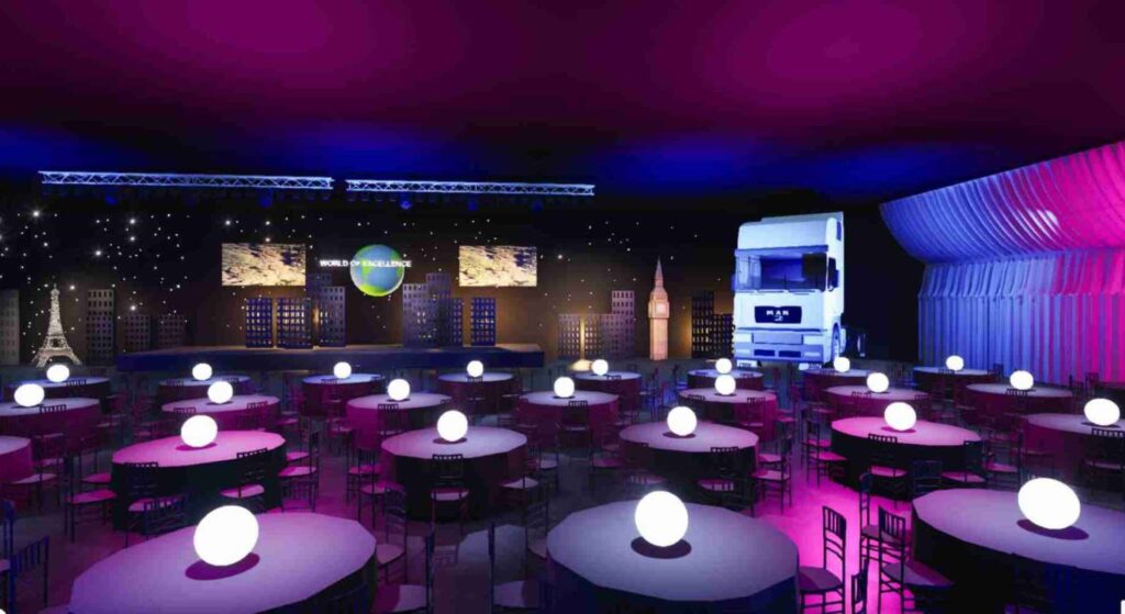 Bespoke gala event immersive storytelling with table centrepiece lighting.