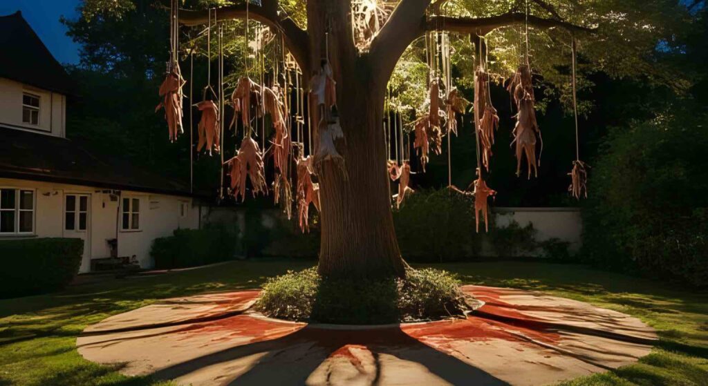 Pretend body part props hanging from a large tree with creepy blood splattered on the ground at a Halloween party setup.
