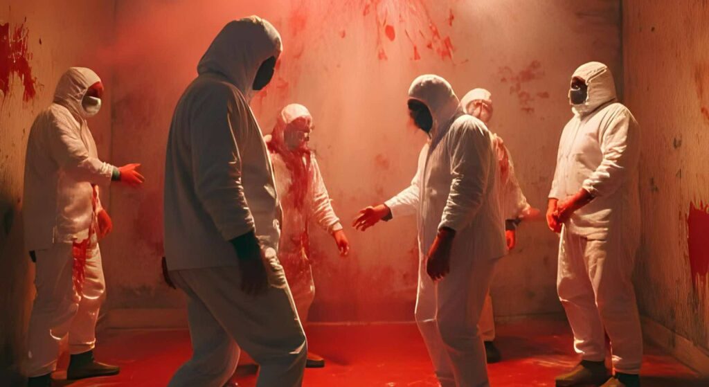 People wearing white hazmat suits covered in fake blood, dancing at a blood bath Halloween party. Created by Canva AI.