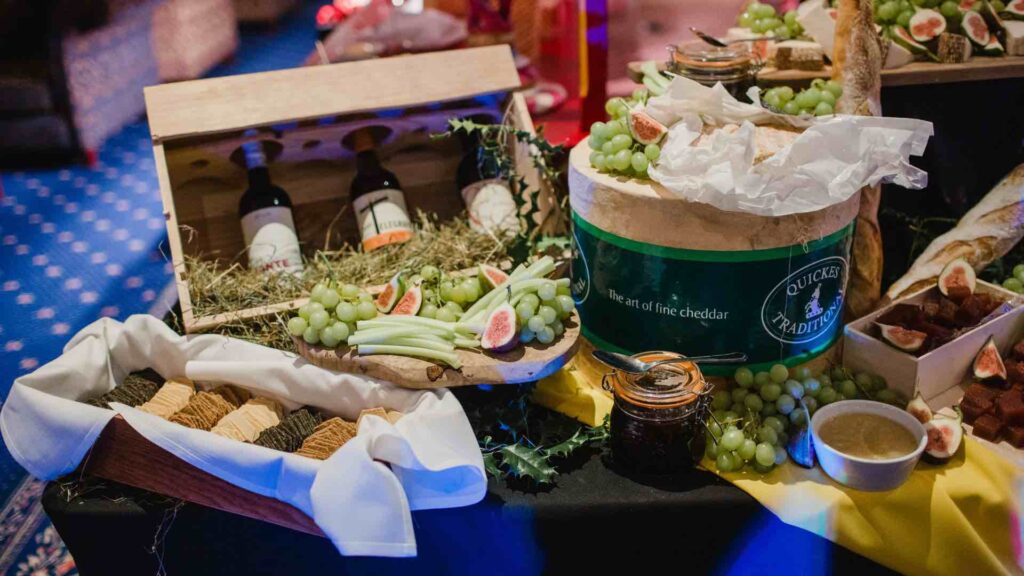 A gorgeous arrangement of luxury catering at a Christmas event.