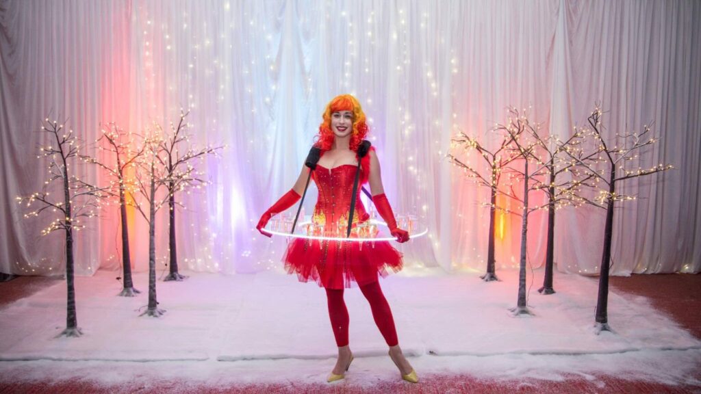 A Christmas roaming table at a Winter Wonderland event.
