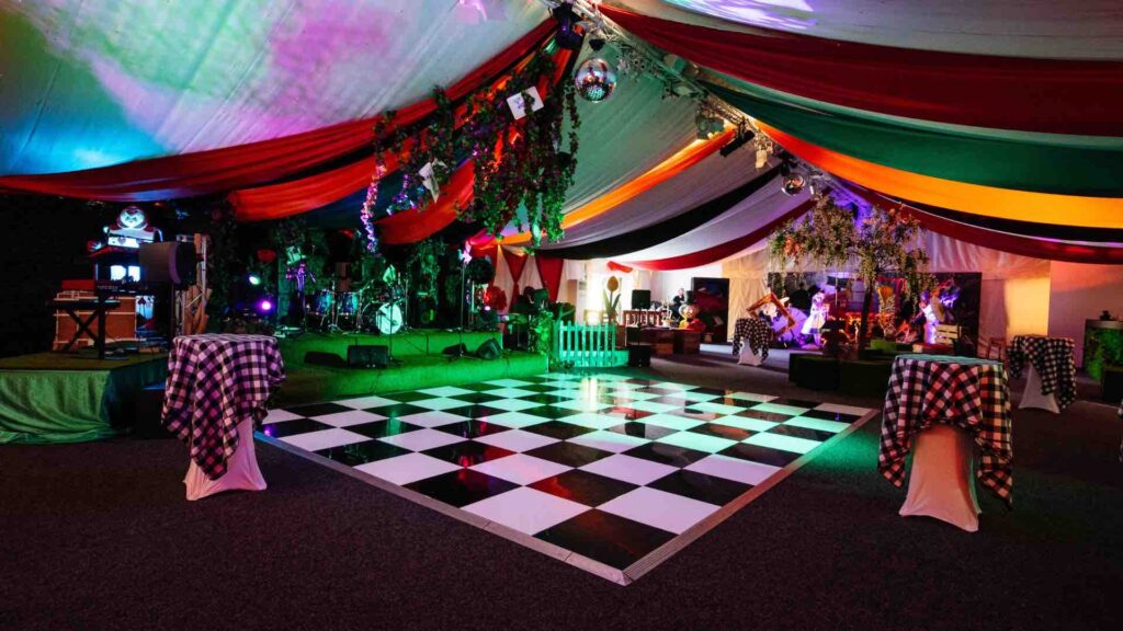 An Alice in Wonderland themed Halloween event, showing off the dancefloor and decor.