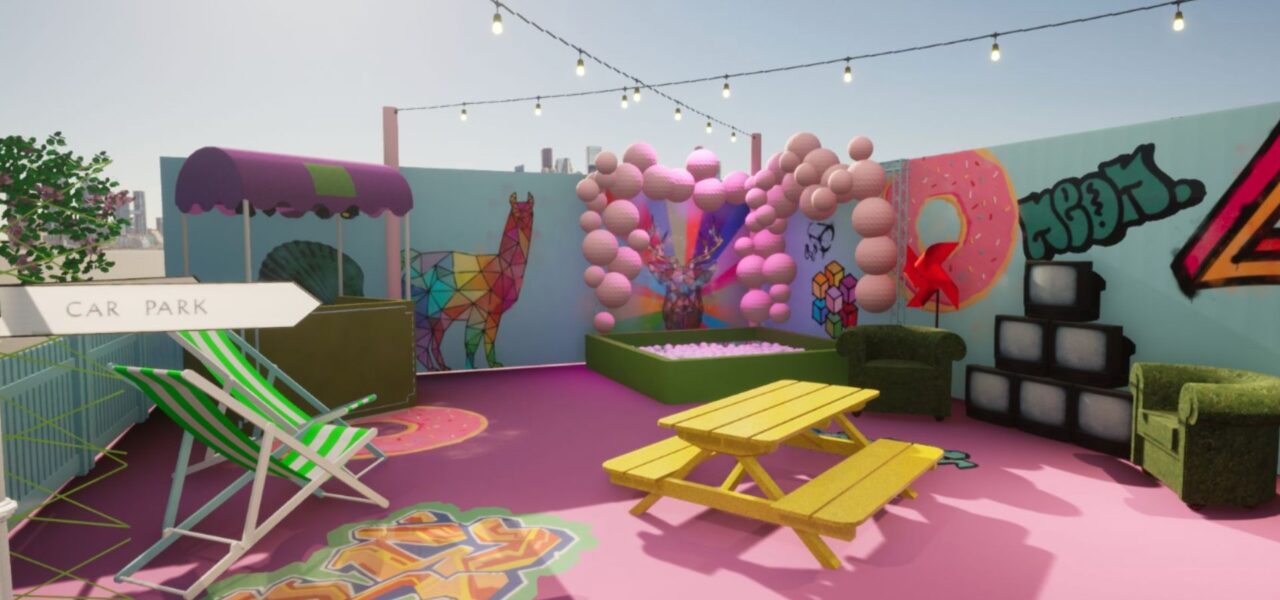 Pop up shop design featuring bright colours, eating area and festival style experience. For retail activations.
