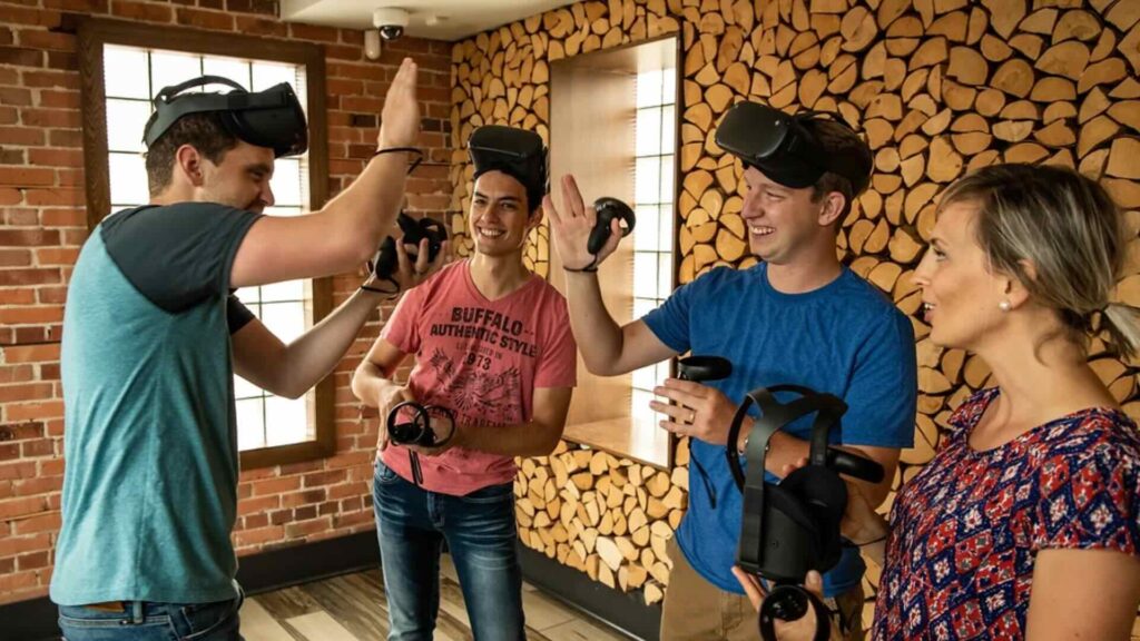 A group of teammates interacting after completing their VR escape room.