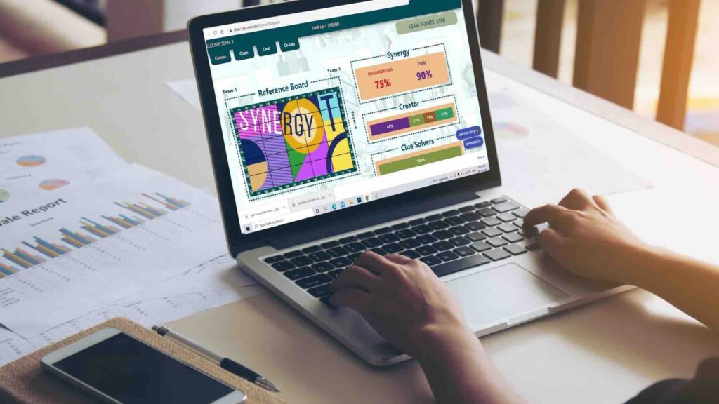 A virtual team building game on a laptop screen that encourages critical thinking.
