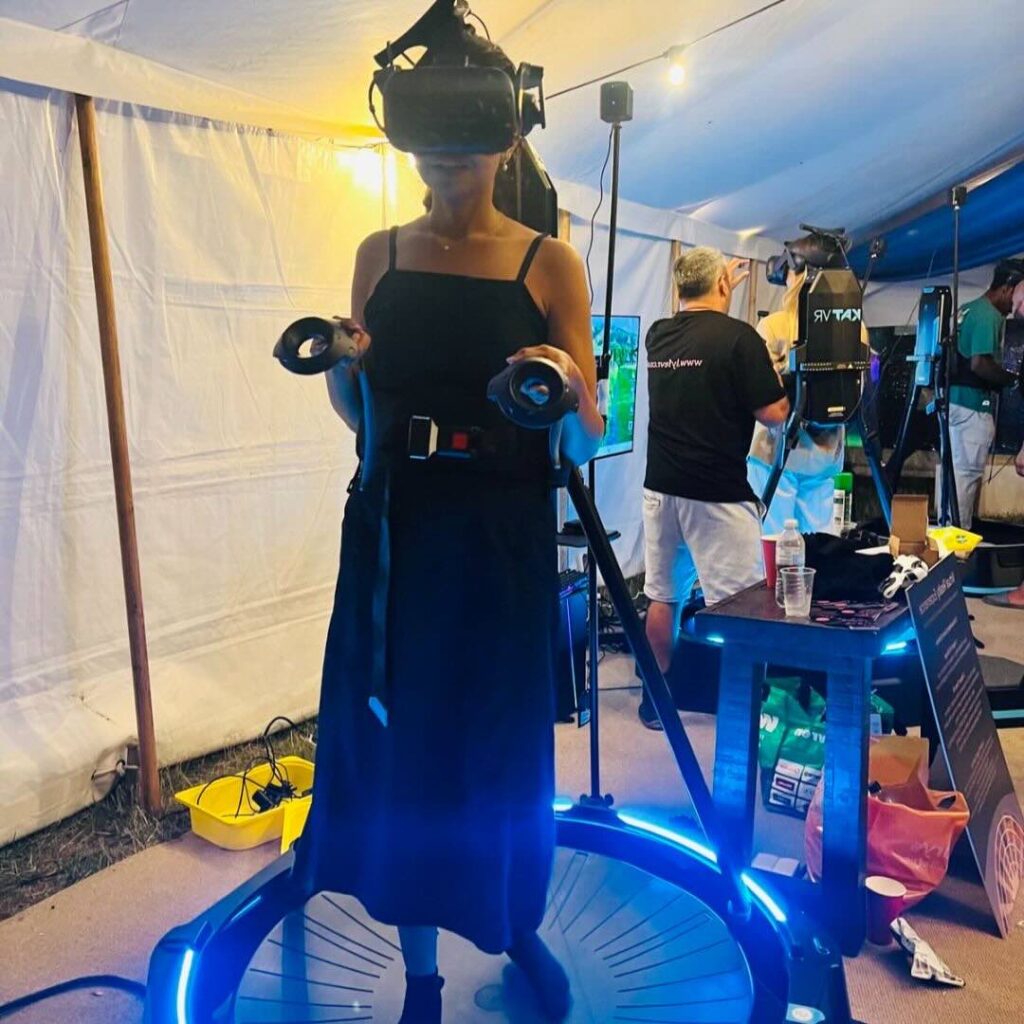 A woman immersed in a VR treadmill.