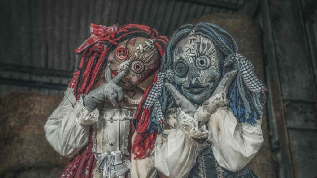 2 ragdoll Halloween performers posing together for a photo