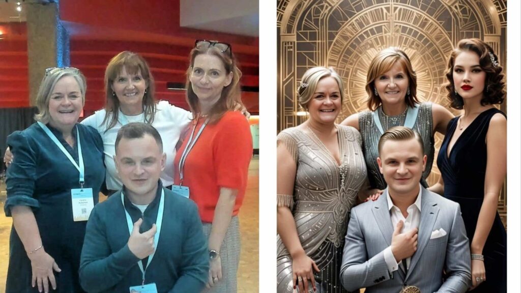 Before and after shot of four guests at an AI photo booth.